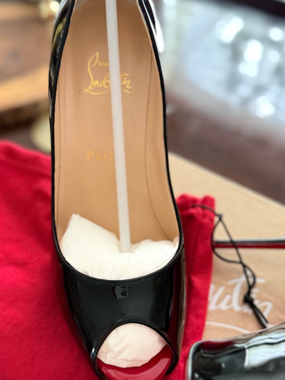 Christian Louboutin Black Patent Peep-Toe Pumps with Red Soles - Picture 6 of 6